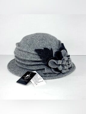 Forbusite Women Boiled Wool Dress Cloche Winter Hat 1920s Style Grey Flower NWT